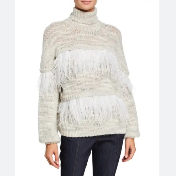 Cinq à Sept Valentina Ostrich Feather Trimmed Turtleneck Wool Blend - Picture 11 of 13